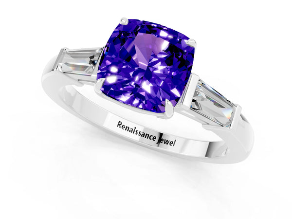 Platinum Cushion Cut Tanzanite Three-Stone Ring with Tapered Baguette Side Stones and Prong Setting