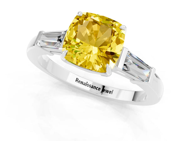 Silver Cushion Cut Yellow Sapphire Three-Stone Ring with Tapered Baguette Side Stones and Prong Setting