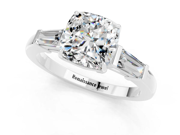 Platinum Cushion Cut Moissanite Three-Stone Ring with Tapered Baguette Side Stones and Prong Setting