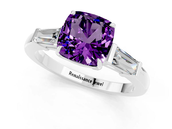 Silver Cushion Cut Amethyst Three-Stone Ring with Tapered Baguette Side Stones and Prong Setting