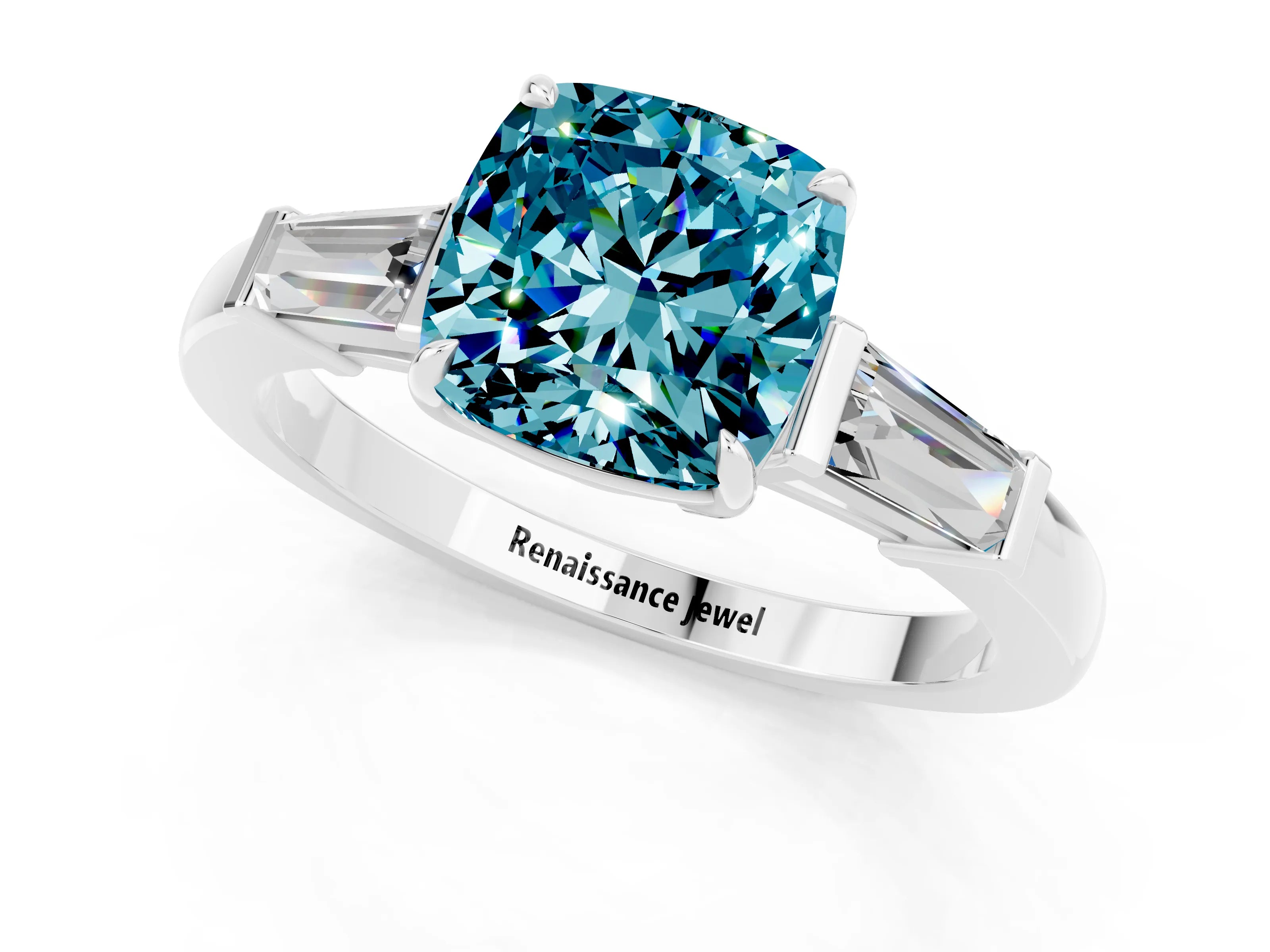 White gold Cushion Cut Cut Diamond Ring with Tapered Baguette Side Stones in Four-Prong Setting_1