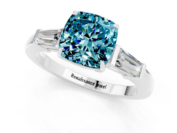 Platinum Cushion Cut Cut Diamond Ring with Tapered Baguette Side Stones in Four-Prong Setting