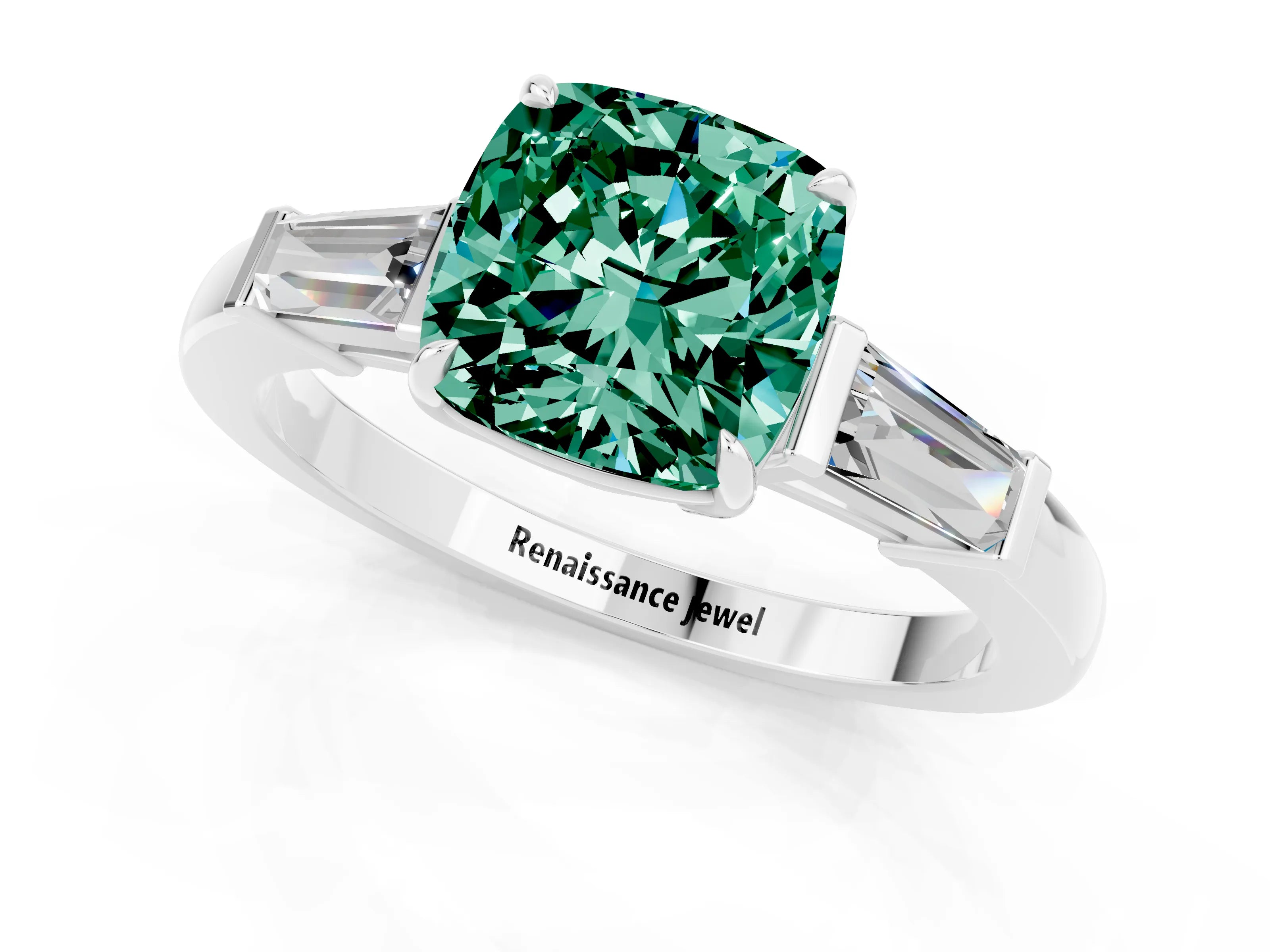 White gold Cushion Cut Cut Diamond Ring with Tapered Baguette Side Stones in Four-Prong Setting_1