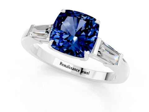 White gold Cushion Cut Cut Diamond Ring with Tapered Baguette Side Stones in Four-Prong Setting_1