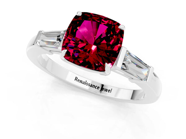 Silver Cushion Cut Garnet Three-Stone Ring with Tapered Baguette Side Stones and Prong Setting