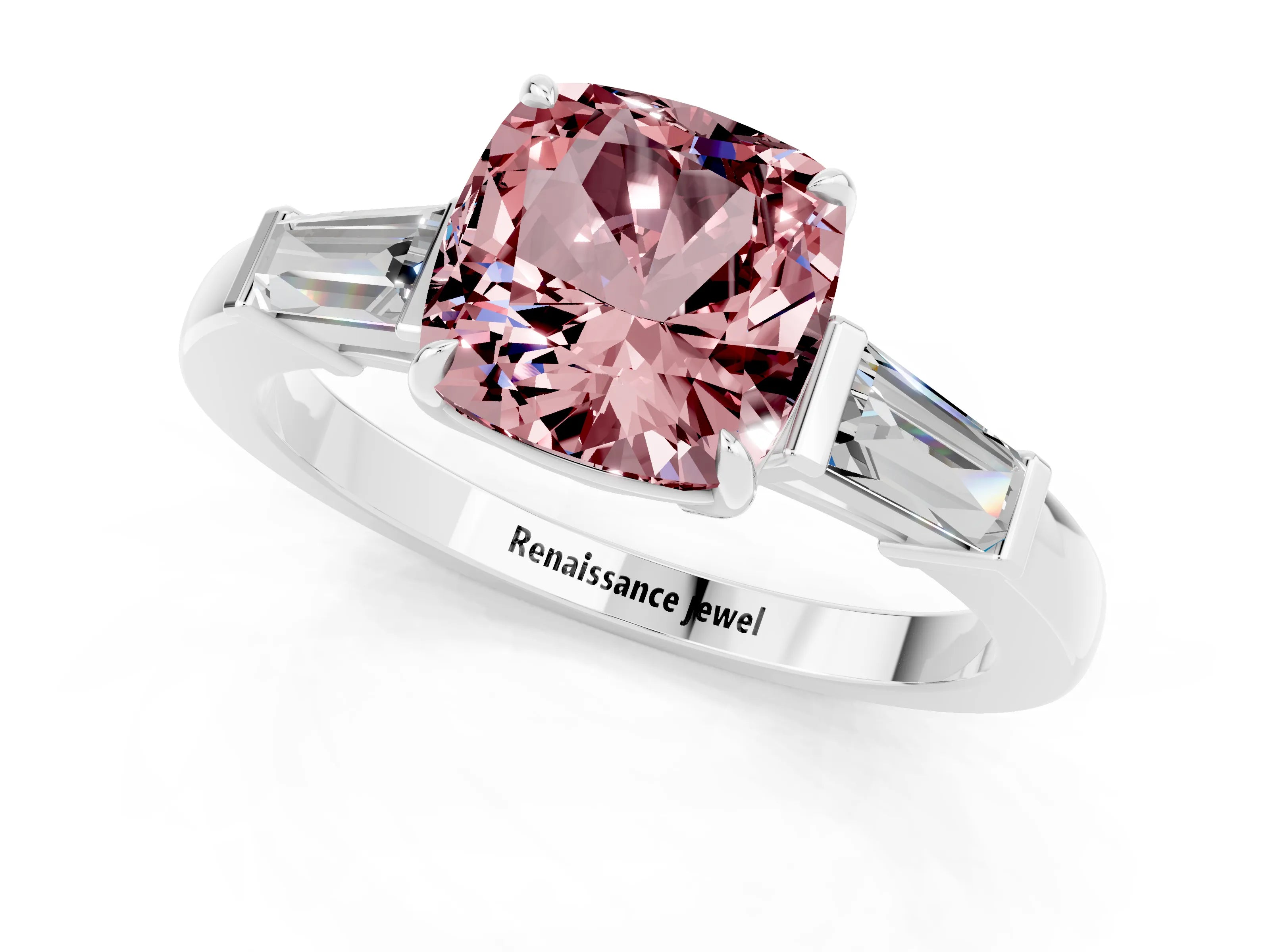 White gold Cushion Cut Cut Diamond Ring with Tapered Baguette Side Stones in Four-Prong Setting_1