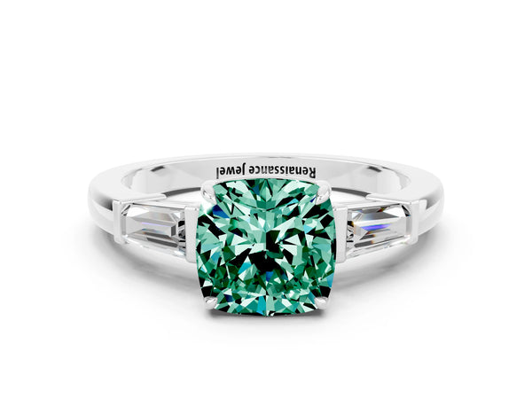White gold Cushion Cut Green Sapphire Three-Stone Ring with Tapered Baguette Side Stones and Prong Setting