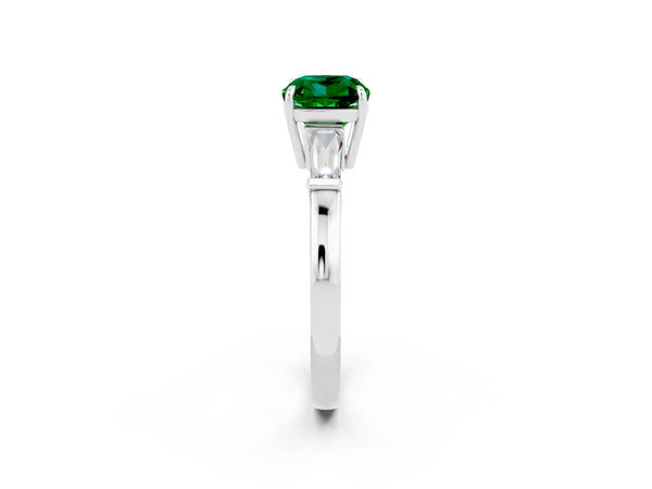 Platinum Cushion Cut Emerald Three-Stone Ring with Tapered Baguette Side Stones and Prong Setting