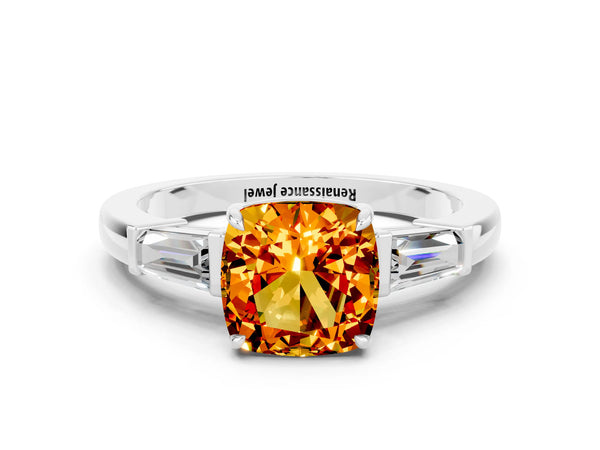 Platinum Cushion Cut Citrine Three-Stone Ring with Tapered Baguette Side Stones and Prong Setting