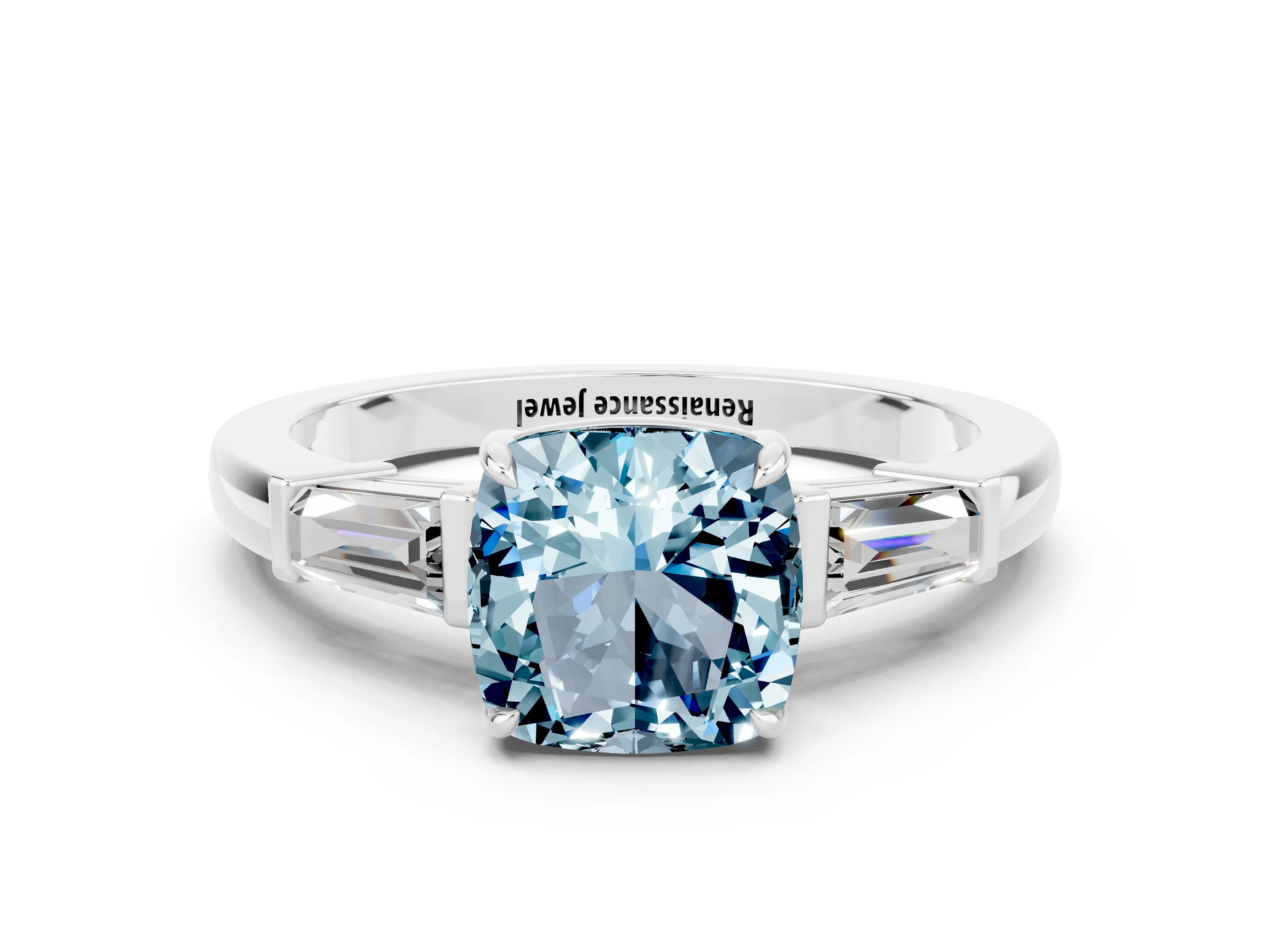 White gold Cushion Cut Cut Diamond Ring with Tapered Baguette Side Stones in Four-Prong Setting