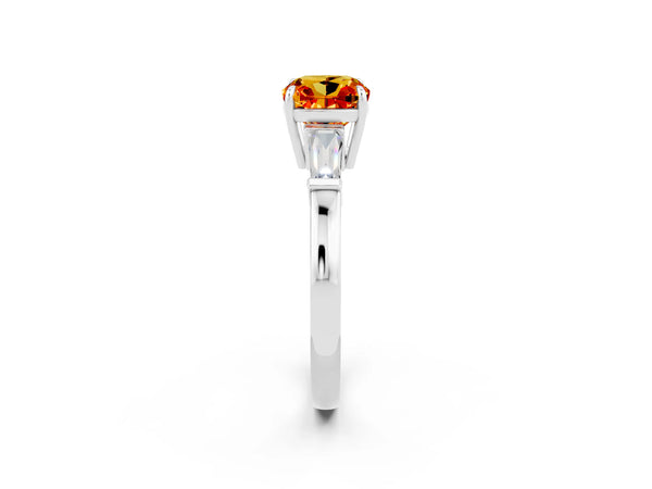 Platinum Cushion Cut Citrine Three-Stone Ring with Tapered Baguette Side Stones and Prong Setting