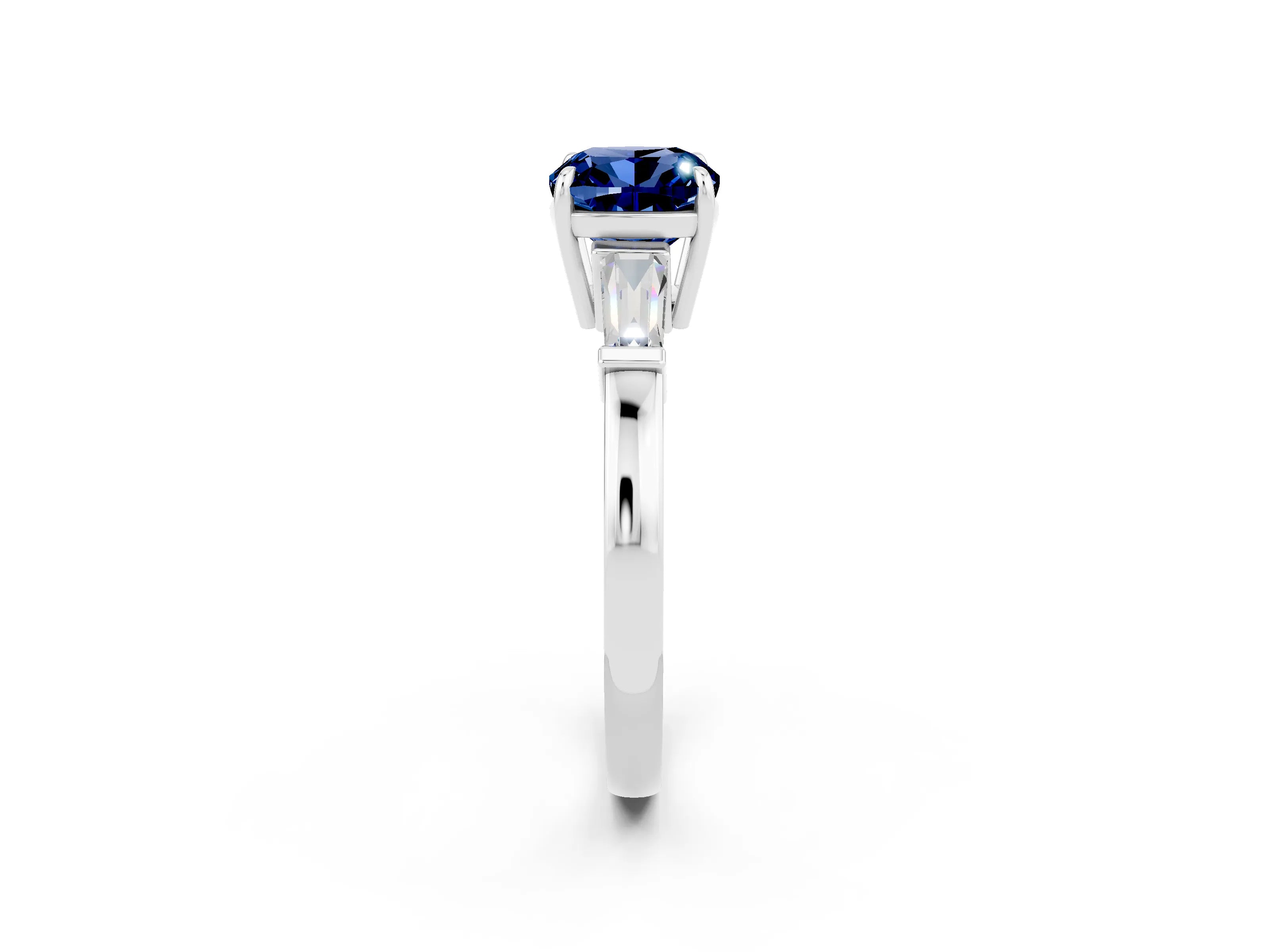White gold Cushion Cut Cut Diamond Ring with Tapered Baguette Side Stones in Four-Prong Setting_2