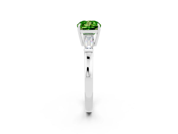 Silver Cushion Cut Cut Diamond Ring with Tapered Baguette Side Stones in Four-Prong Setting