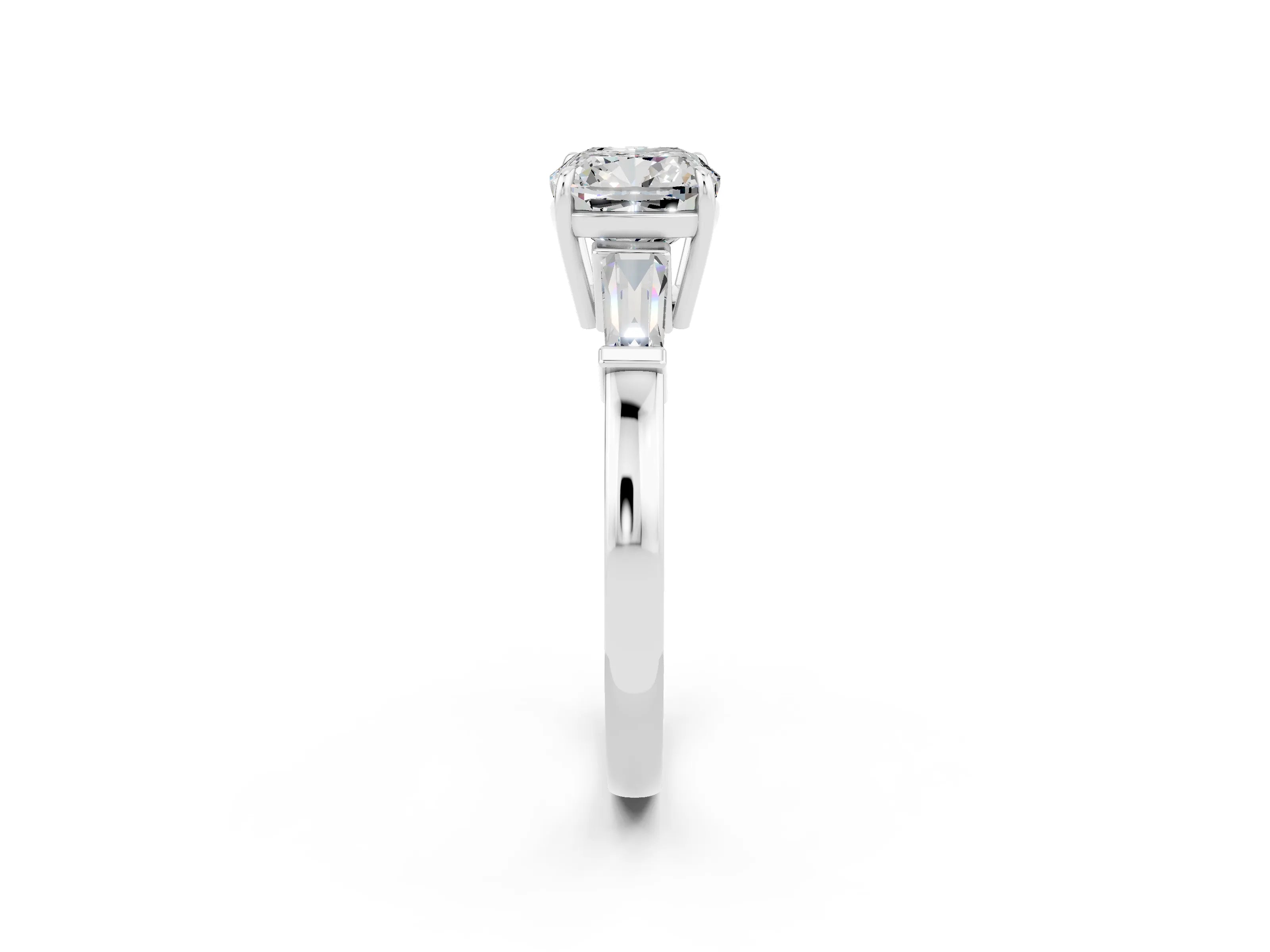 White gold Cushion Cut Cut Diamond Ring with Tapered Baguette Side Stones in Four-Prong Setting_2