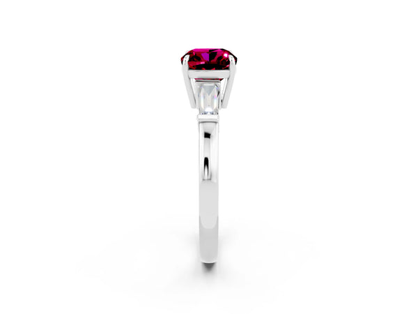 Platinum Cushion Cut Garnet Three-Stone Ring with Tapered Baguette Side Stones and Prong Setting