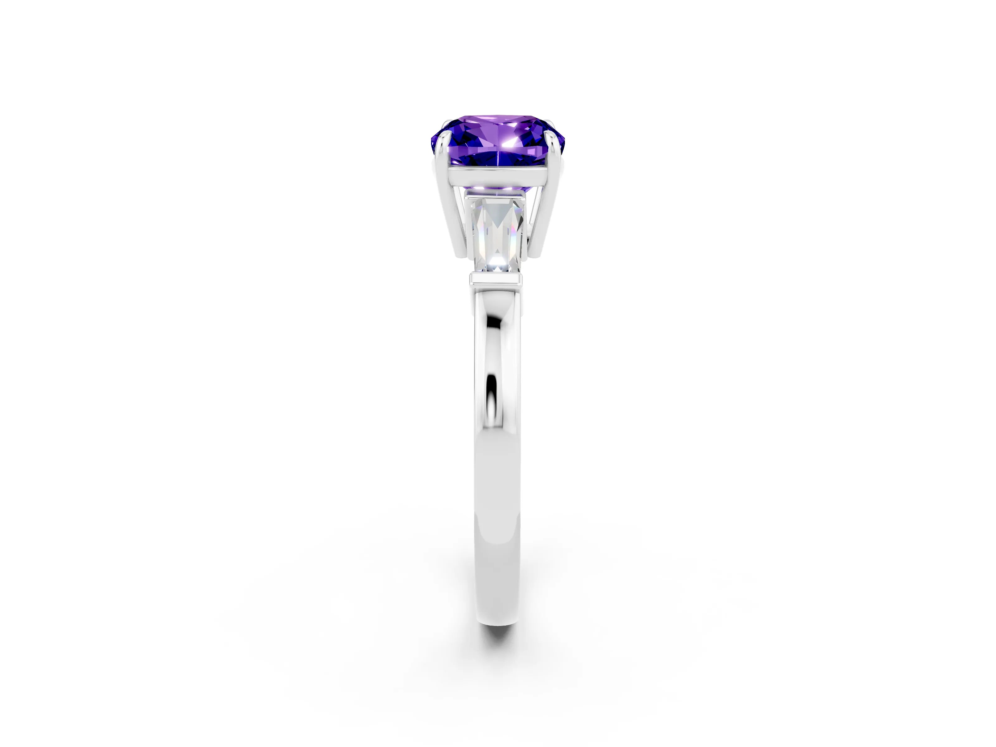 White gold Cushion Cut Cut Diamond Ring with Tapered Baguette Side Stones in Four-Prong Setting_2