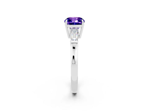 White gold Cushion Cut Cut Diamond Ring with Tapered Baguette Side Stones in Four-Prong Setting_2
