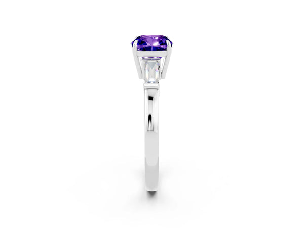 White gold Cushion Cut Tanzanite Three-Stone Ring with Tapered Baguette Side Stones and Prong Setting