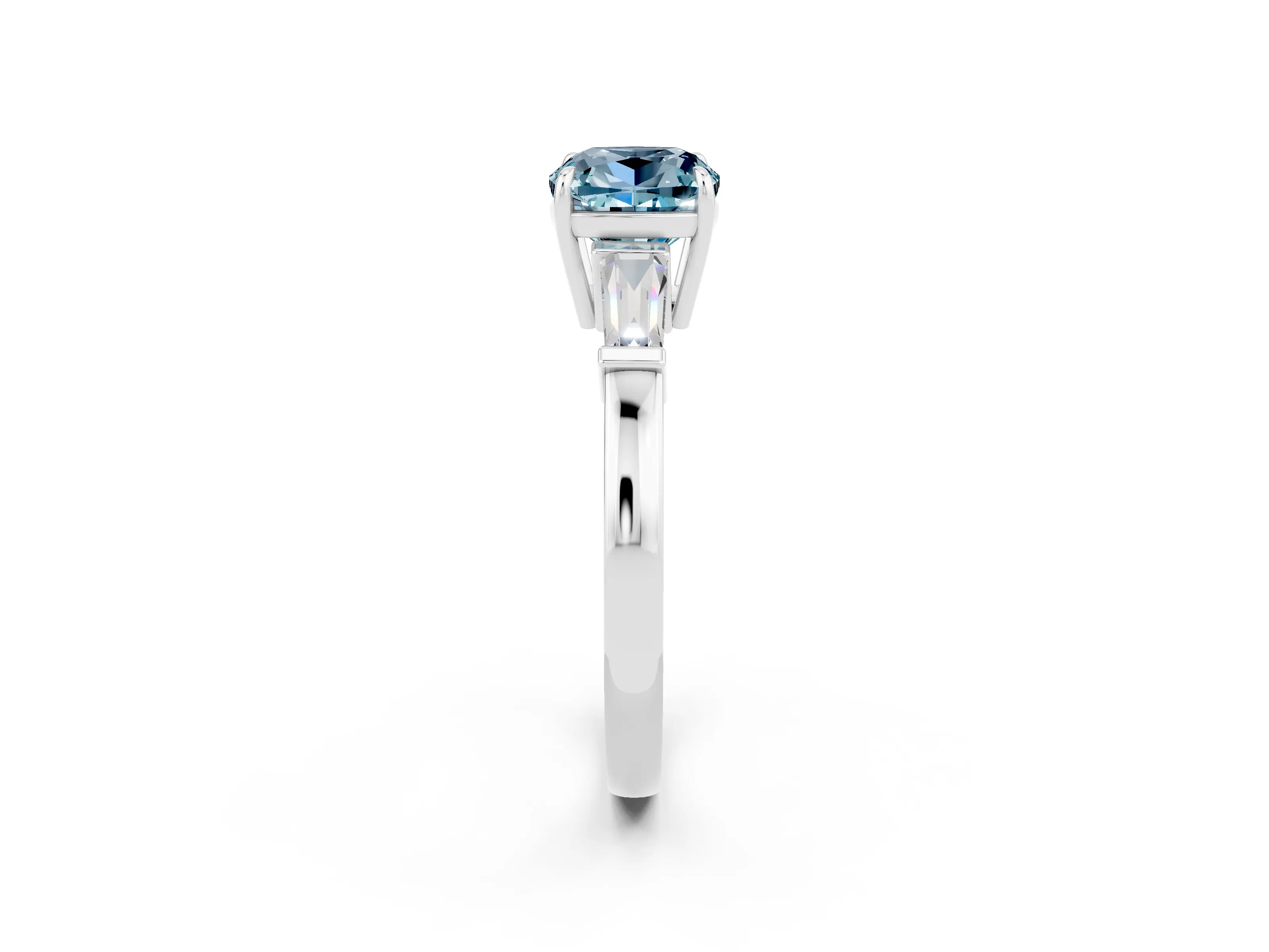 White gold Cushion Cut Cut Diamond Ring with Tapered Baguette Side Stones in Four-Prong Setting_2