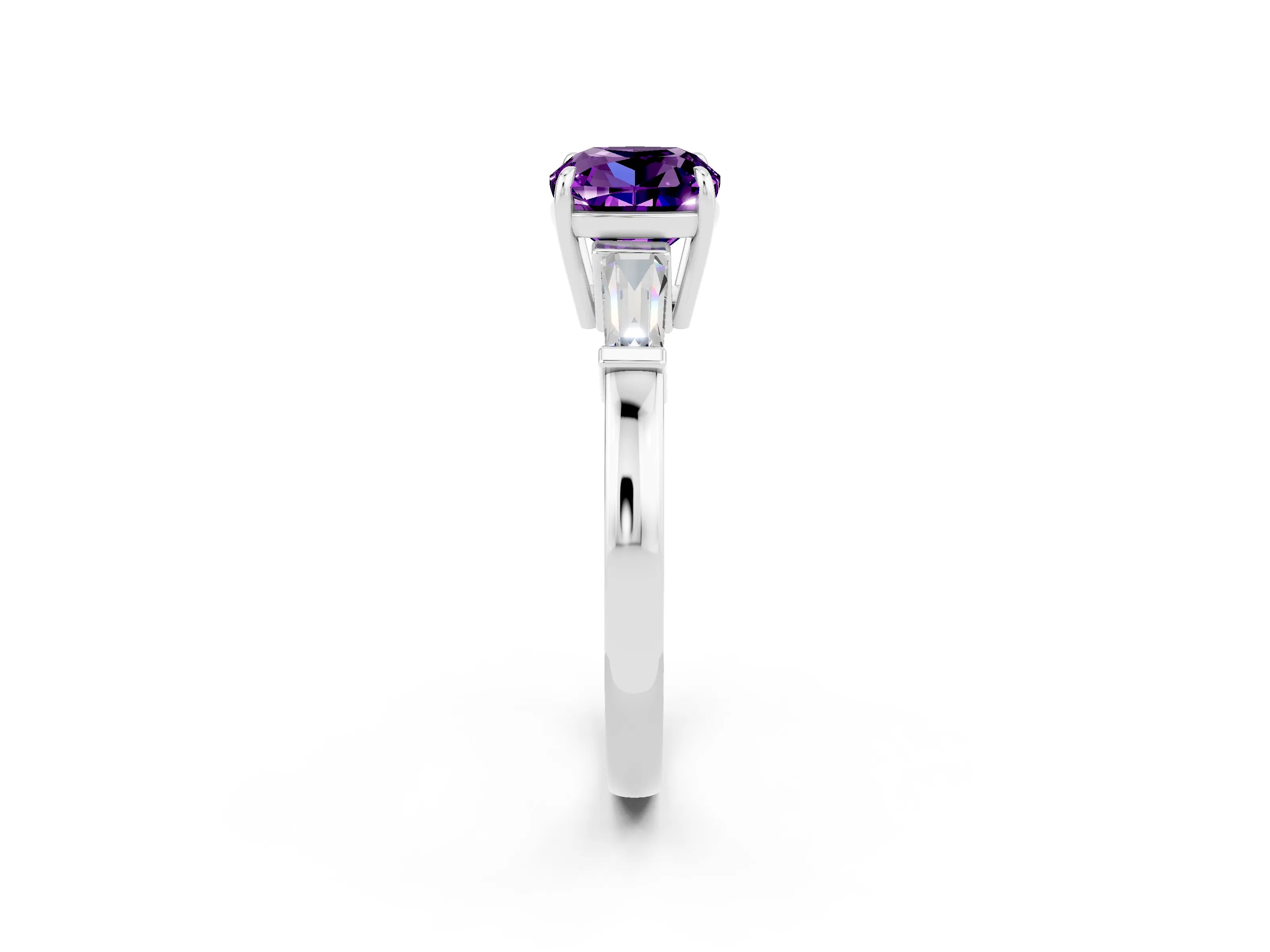 White gold Cushion Cut Cut Diamond Ring with Tapered Baguette Side Stones in Four-Prong Setting_2