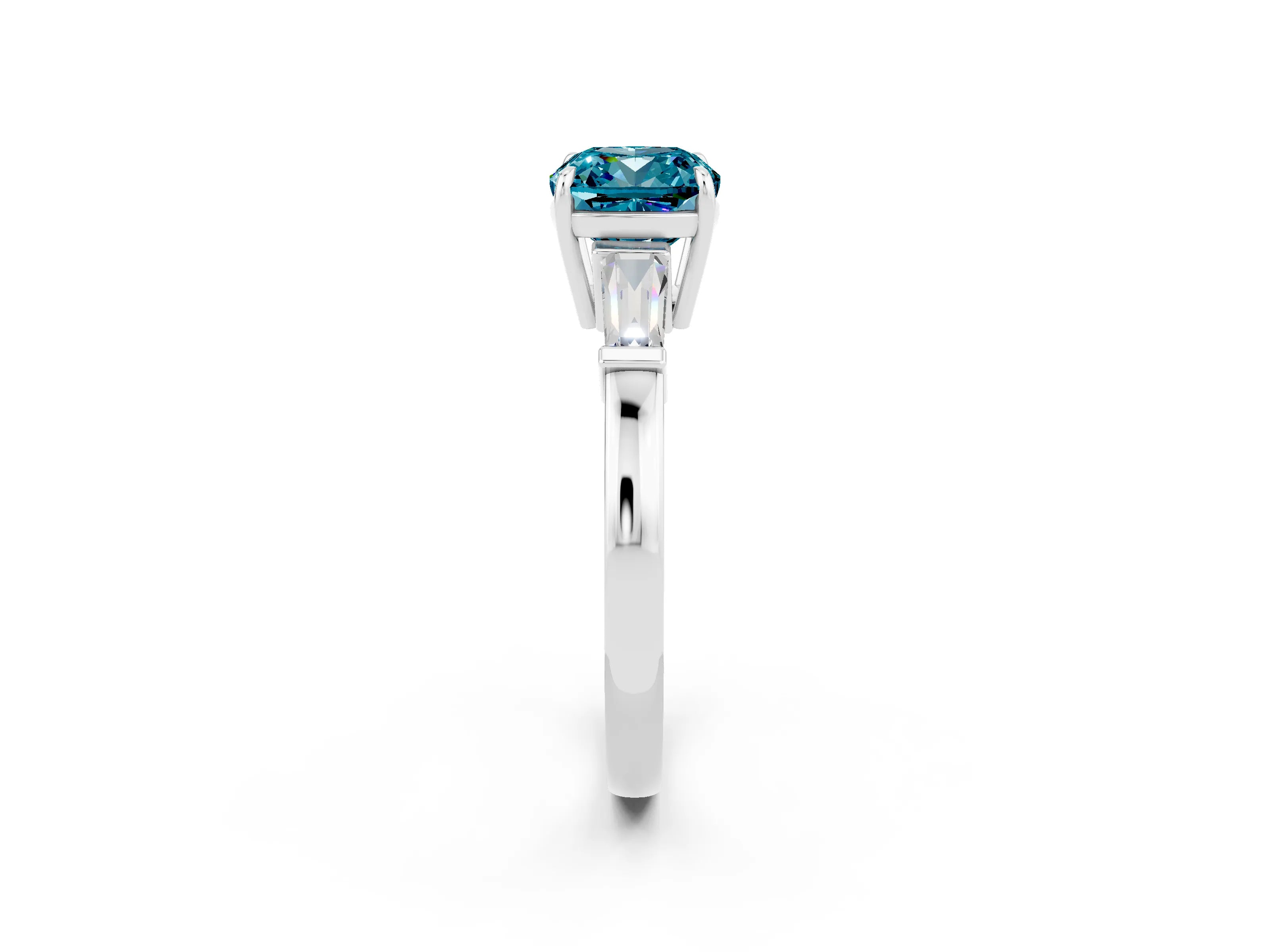 White gold Cushion Cut Cut Diamond Ring with Tapered Baguette Side Stones in Four-Prong Setting_2