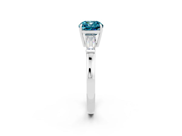 Platinum Cushion Cut Cut Diamond Ring with Tapered Baguette Side Stones in Four-Prong Setting