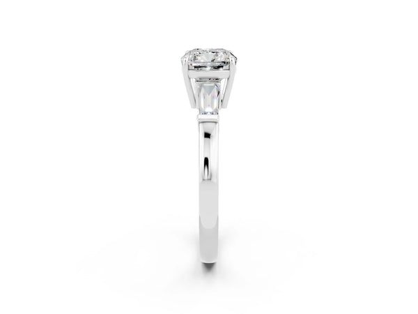 Platinum Cushion Cut Moissanite Three-Stone Ring with Tapered Baguette Side Stones and Prong Setting