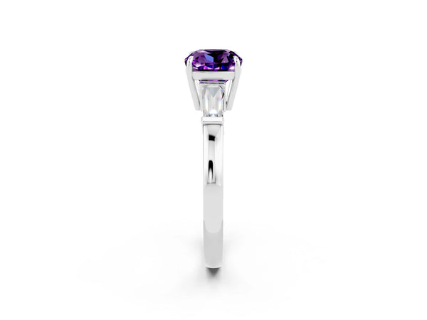 Platinum Cushion Cut Amethyst Three-Stone Ring with Tapered Baguette Side Stones and Prong Setting