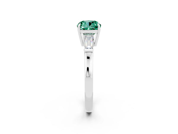 Silver Cushion Cut Green Sapphire Three-Stone Ring with Tapered Baguette Side Stones and Prong Setting