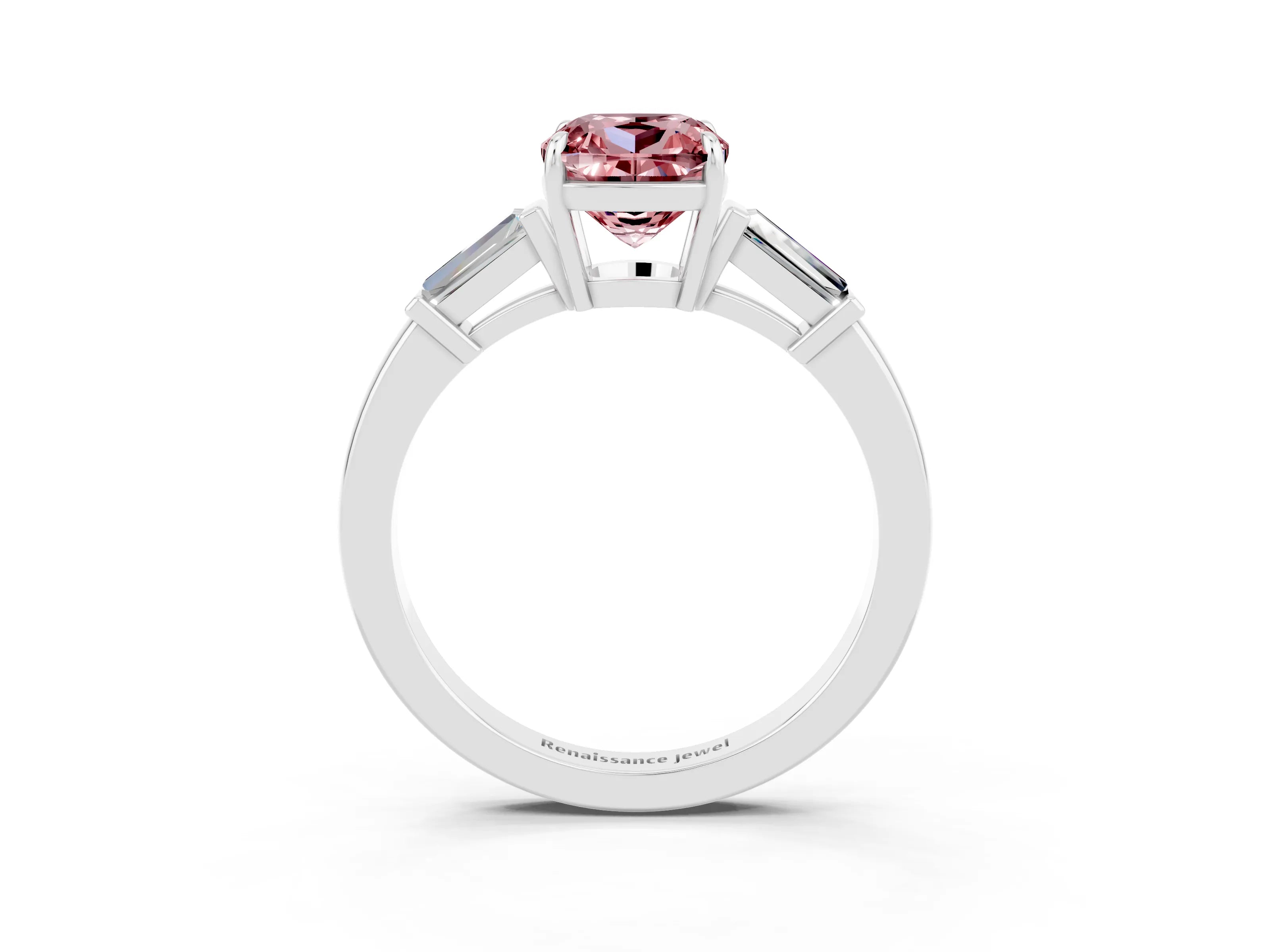 White gold Cushion Cut Cut Diamond Ring with Tapered Baguette Side Stones in Four-Prong Setting_3