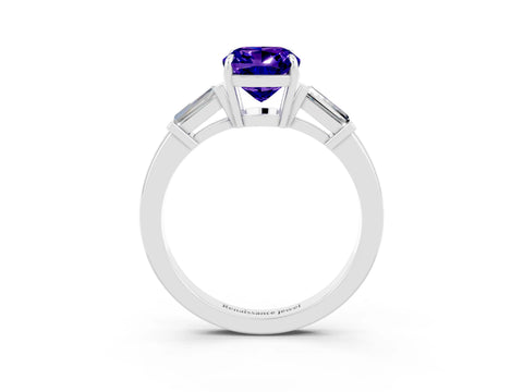 White gold Cushion Cut Cut Diamond Ring with Tapered Baguette Side Stones in Four-Prong Setting_3