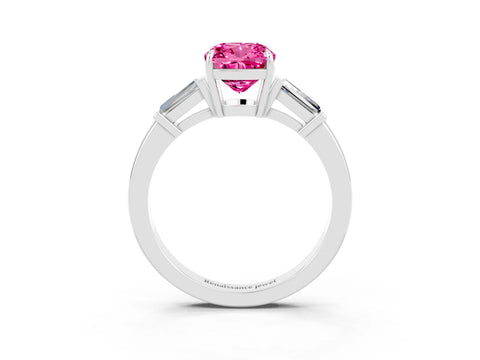 White gold Cushion Cut Cut Diamond Ring with Tapered Baguette Side Stones in Four-Prong Setting_3