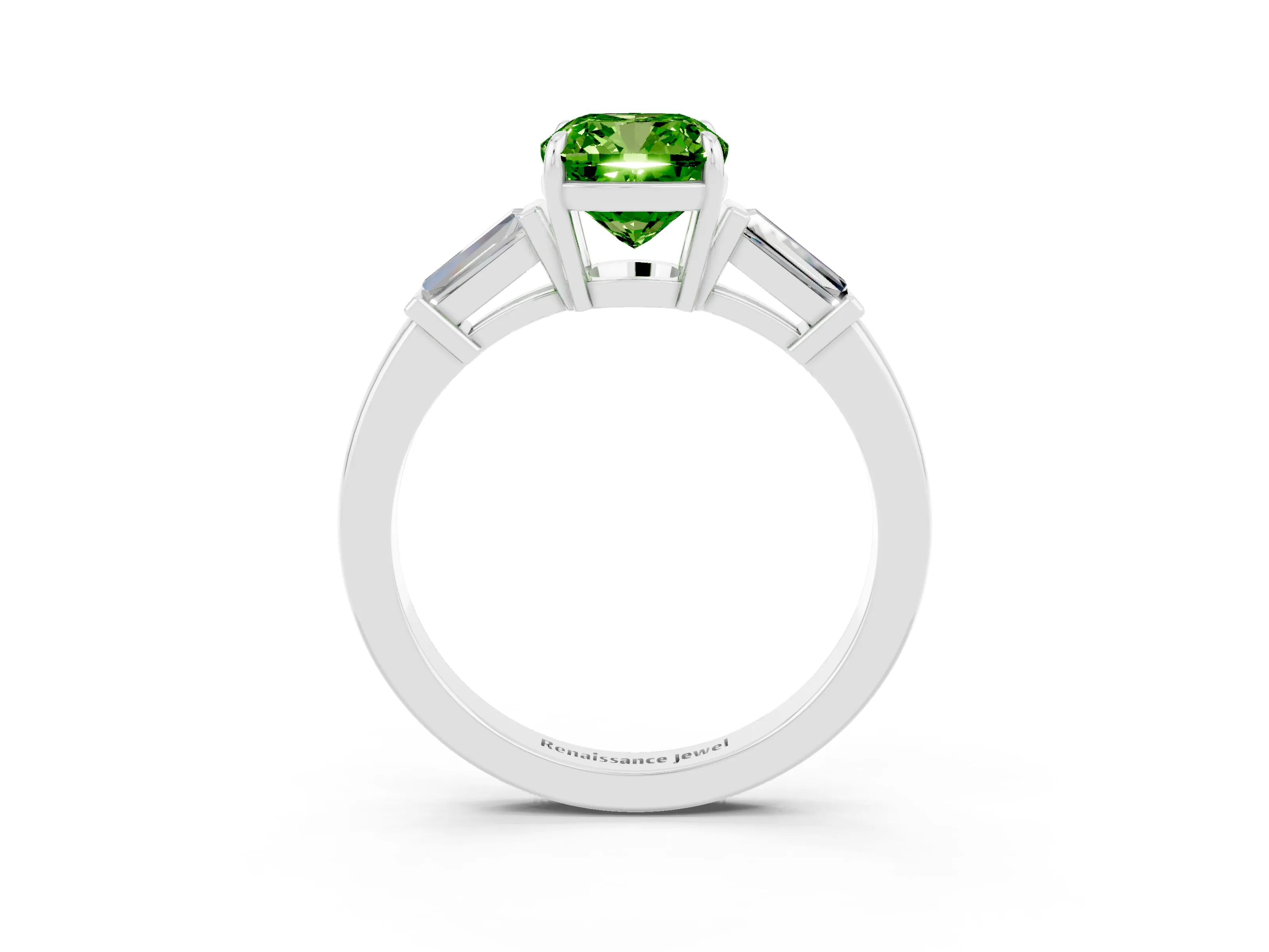 White gold Cushion Cut Cut Diamond Ring with Tapered Baguette Side Stones in Four-Prong Setting_3