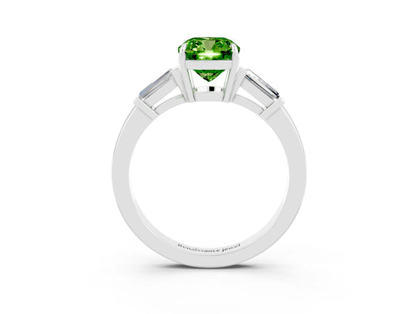 Platinum Cushion Cut Cut Diamond Ring with Tapered Baguette Side Stones in Four-Prong Setting
