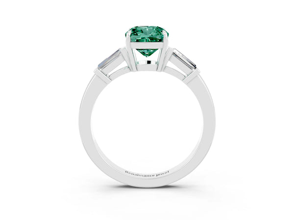 White gold Cushion Cut Green Sapphire Three-Stone Ring with Tapered Baguette Side Stones and Prong Setting