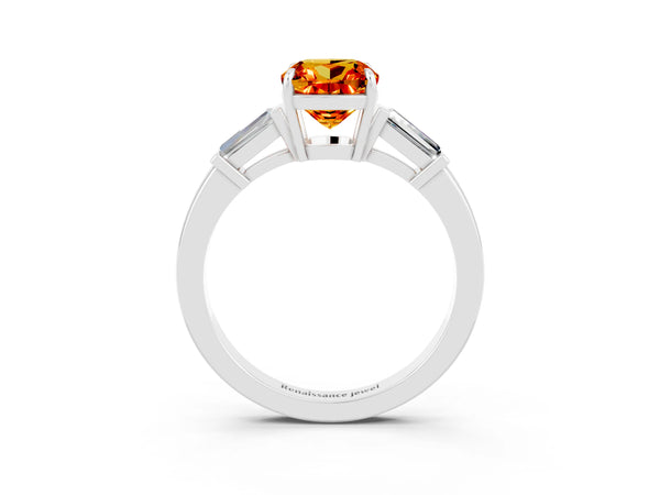 Platinum Cushion Cut Citrine Three-Stone Ring with Tapered Baguette Side Stones and Prong Setting