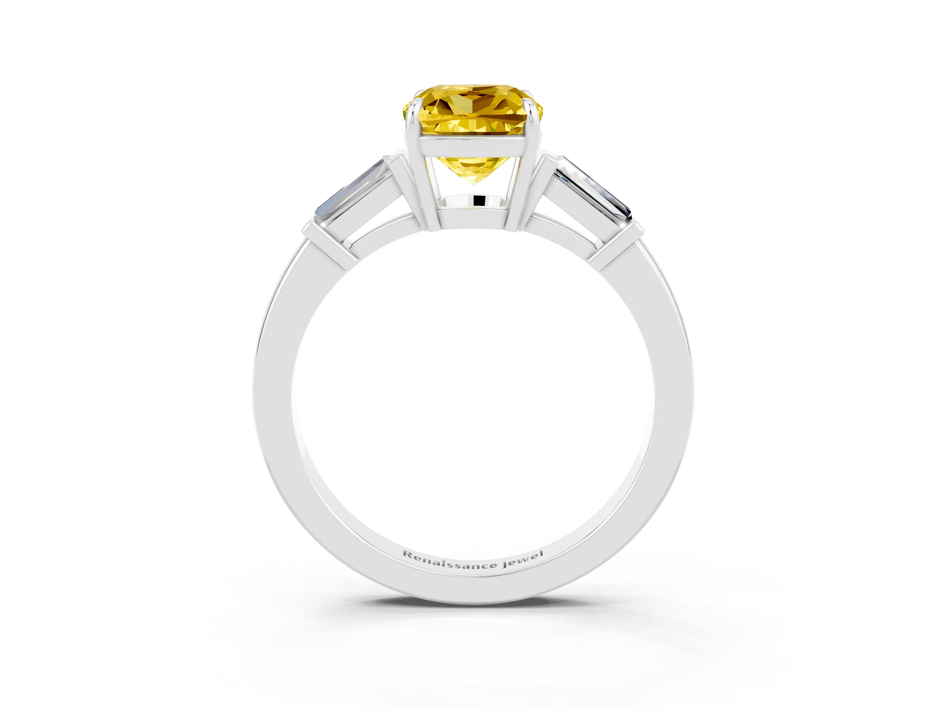 White gold Cushion Cut Cut Diamond Ring with Tapered Baguette Side Stones in Four-Prong Setting_3