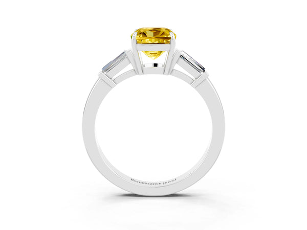 Silver Cushion Cut Yellow Sapphire Three-Stone Ring with Tapered Baguette Side Stones and Prong Setting