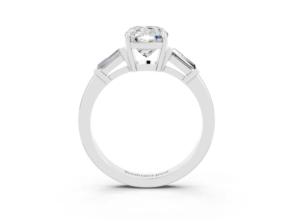 Platinum Cushion Cut Moissanite Three-Stone Ring with Tapered Baguette Side Stones and Prong Setting