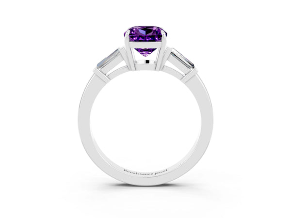 Platinum Cushion Cut Amethyst Three-Stone Ring with Tapered Baguette Side Stones and Prong Setting