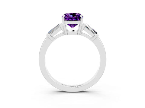 White gold Cushion Cut Cut Diamond Ring with Tapered Baguette Side Stones in Four-Prong Setting_3