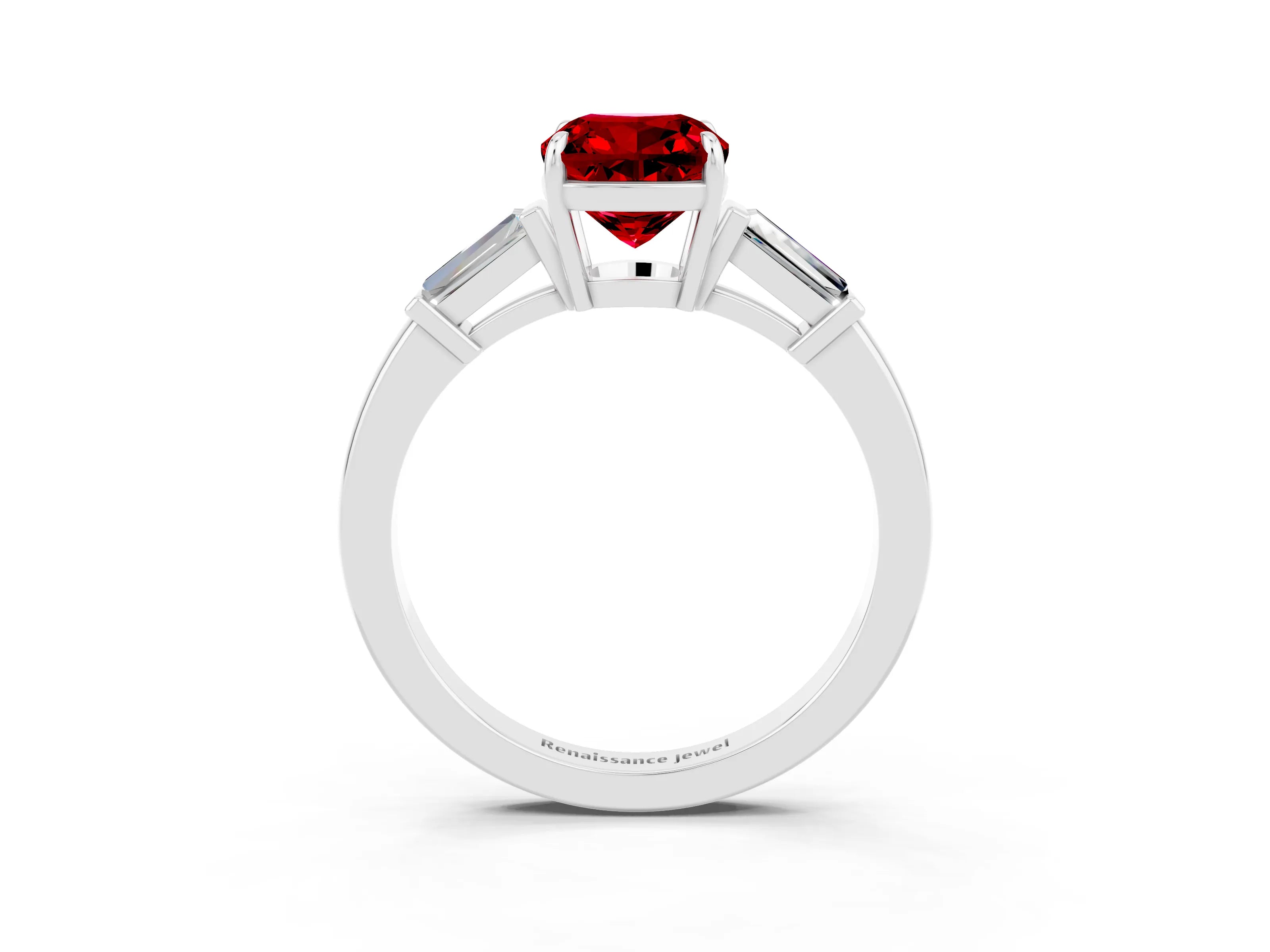 White gold Cushion Cut Cut Diamond Ring with Tapered Baguette Side Stones in Four-Prong Setting_3