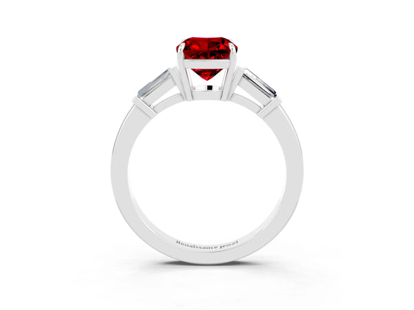 Silver Cushion Cut Cut Diamond Ring with Tapered Baguette Side Stones in Four-Prong Setting