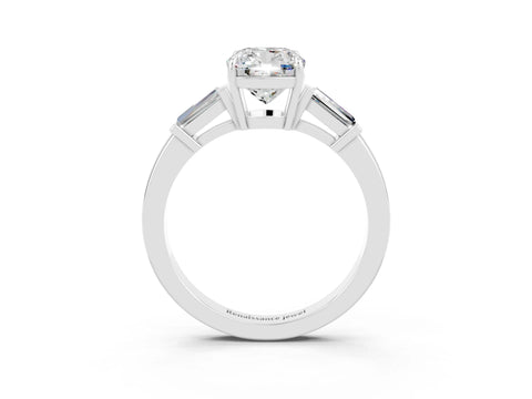 White gold Cushion Cut Cut Diamond Ring with Tapered Baguette Side Stones in Four-Prong Setting_3