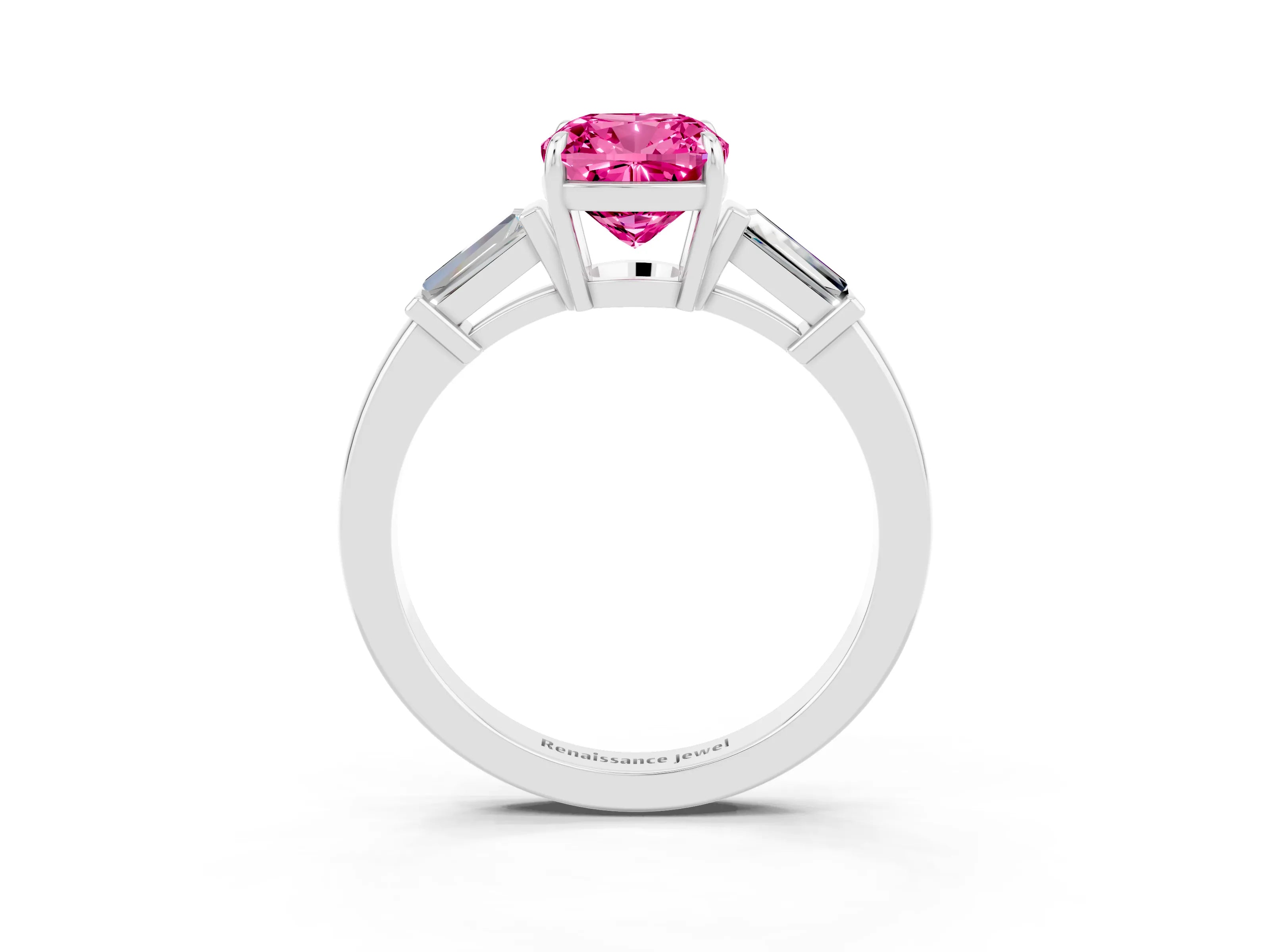 White gold Cushion Cut Cut Diamond Ring with Tapered Baguette Side Stones in Four-Prong Setting_3
