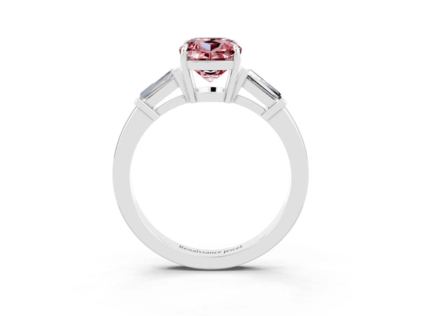 Silver Cushion Cut Cut Diamond Ring with Tapered Baguette Side Stones in Four-Prong Setting