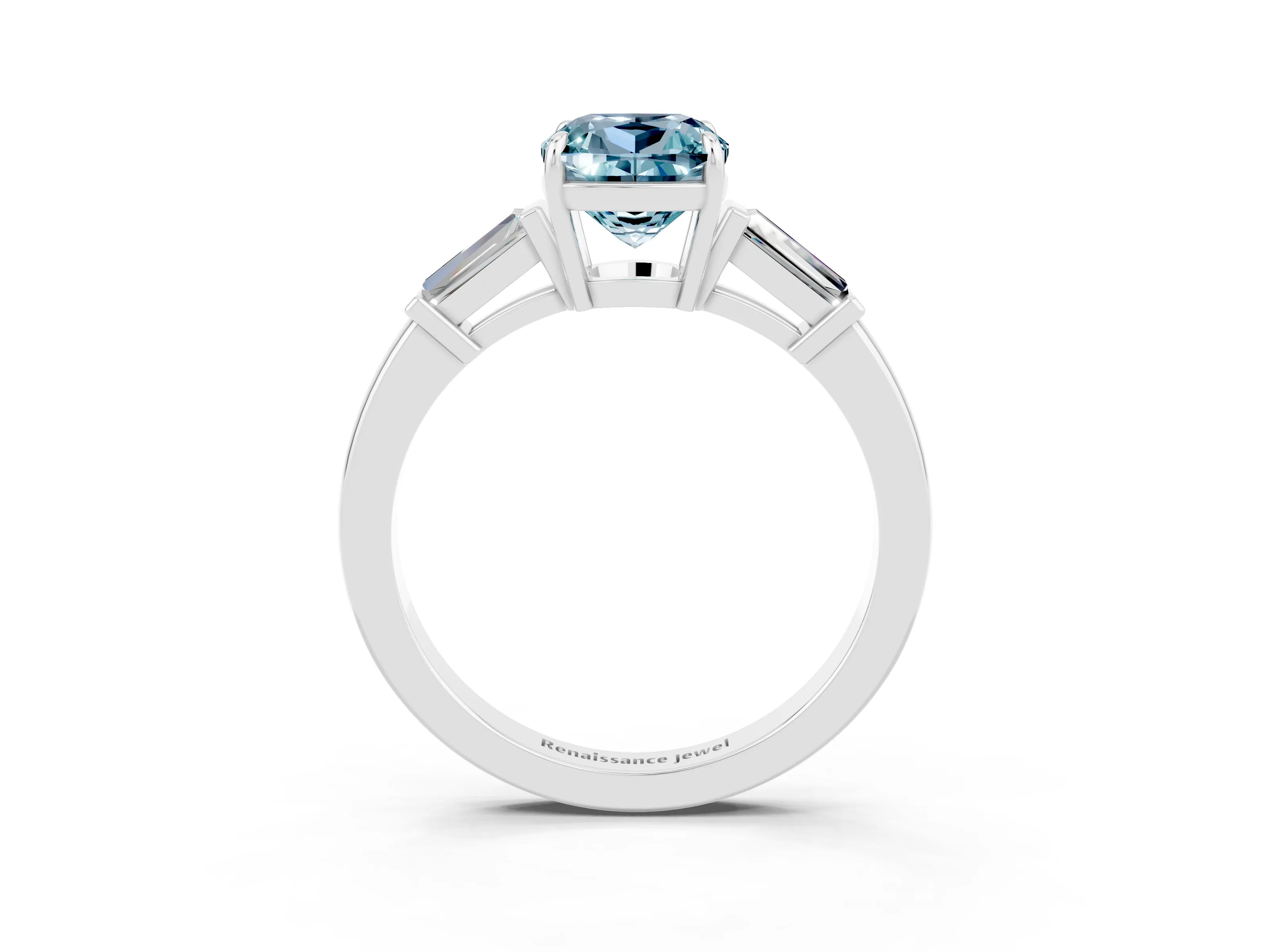 White gold Cushion Cut Cut Diamond Ring with Tapered Baguette Side Stones in Four-Prong Setting_3