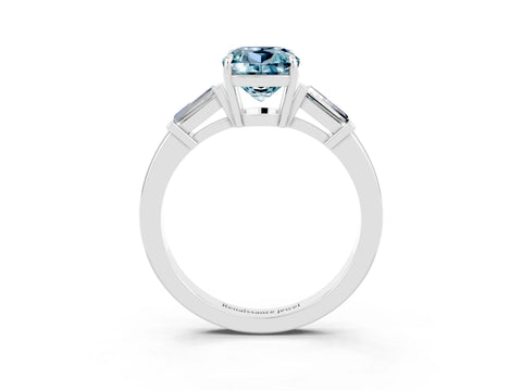 White gold Cushion Cut Cut Diamond Ring with Tapered Baguette Side Stones in Four-Prong Setting_3