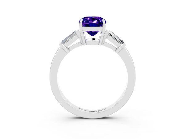 Platinum Cushion Cut Tanzanite Three-Stone Ring with Tapered Baguette Side Stones and Prong Setting