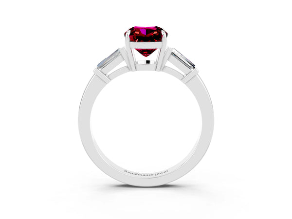 Platinum Cushion Cut Garnet Three-Stone Ring with Tapered Baguette Side Stones and Prong Setting